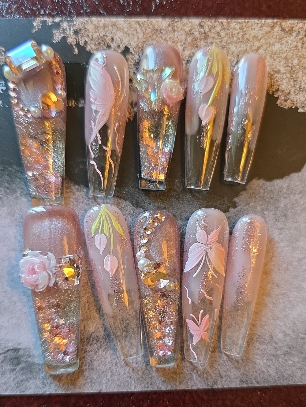 Pink Pearlized Press-On Nail Set with 3D Floral Accents Moving Water With Stars